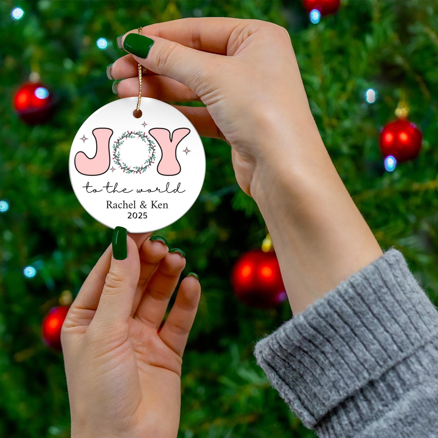 Personalized Couple Ornament - Joy to the world Couple 2023 Personalized Christmas Ornament Pink Couple Christmas Ornament Ceramic Ornament