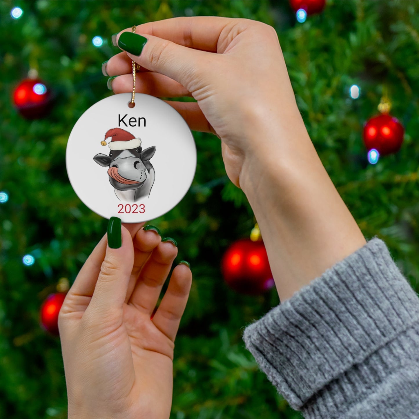 Funny Cow Christmas Ceramic Ornament