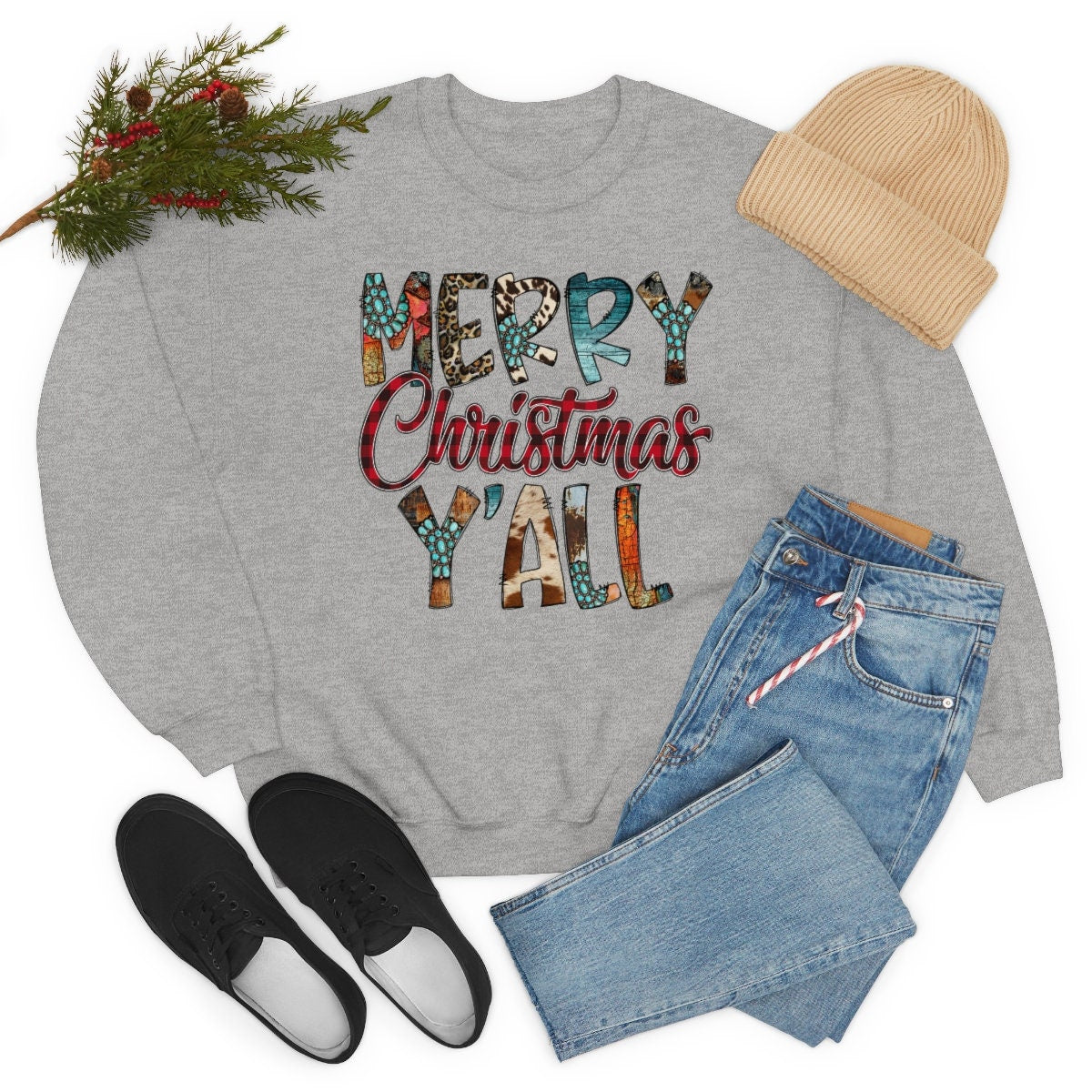 Merry Christmas Yall, Western, Cowboy, Unisex Heavy Blend Crewneck Sweatshirt