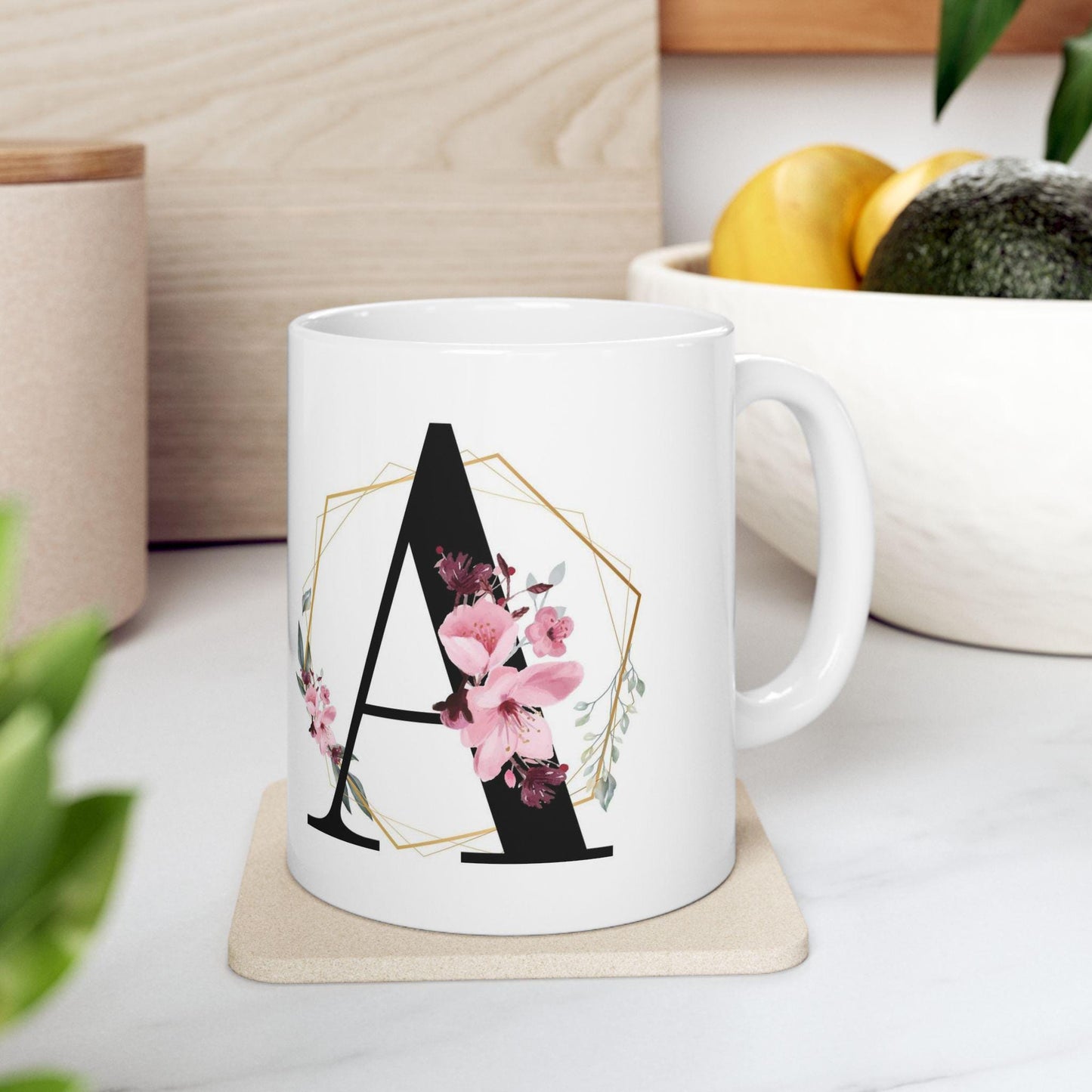 Monogram Mug, Personalized Mug, Initial Mug, Coffee Mug with Flowers, Butterfly Mug, Flower Monogram, Floral Letter Mug, Monogram cup, 11oz