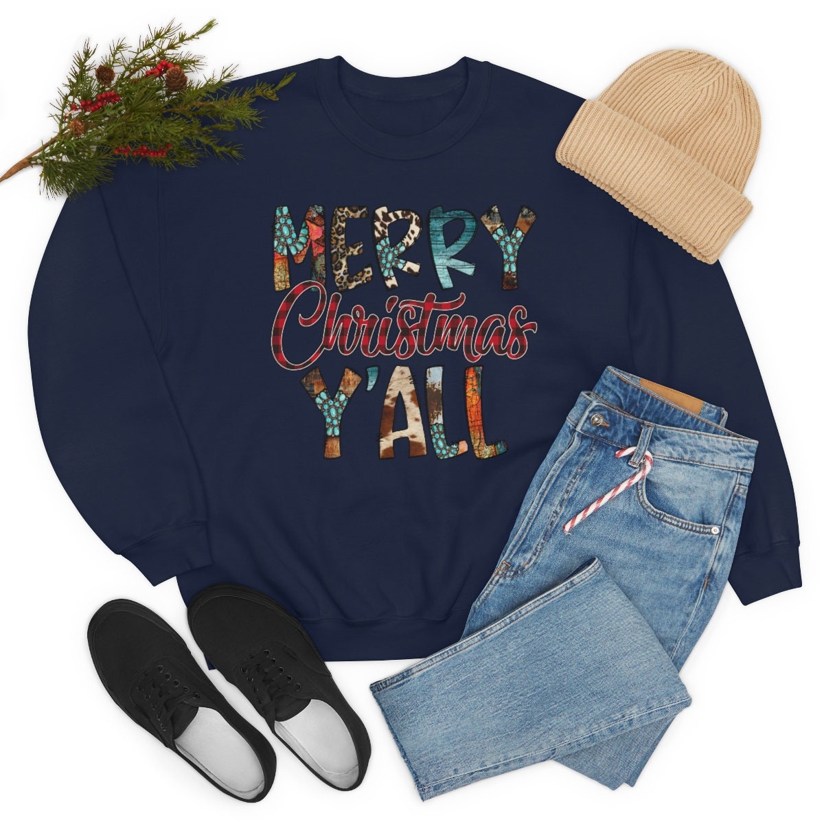 Merry Christmas Yall, Western, Cowboy, Unisex Heavy Blend Crewneck Sweatshirt