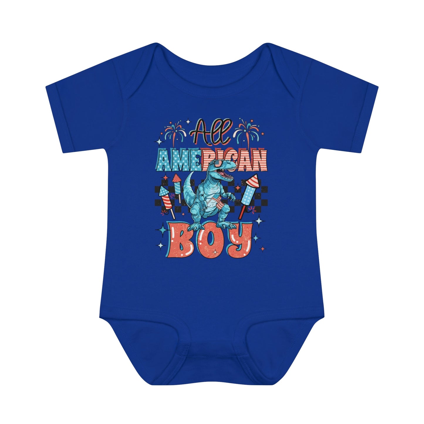 4th of July, Independence Day, All American Boy, Dinosaur, Infant Baby Rib Bodysuit