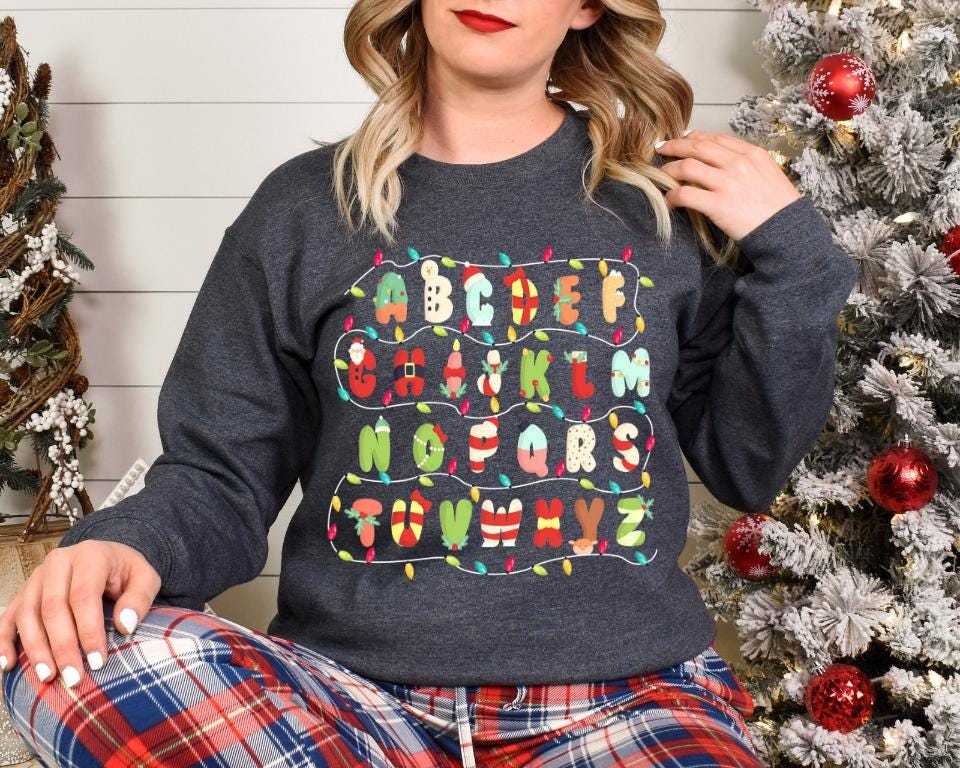Alphabet Christmas Lights Teacher Sweatshirt, Unisex Crewneck