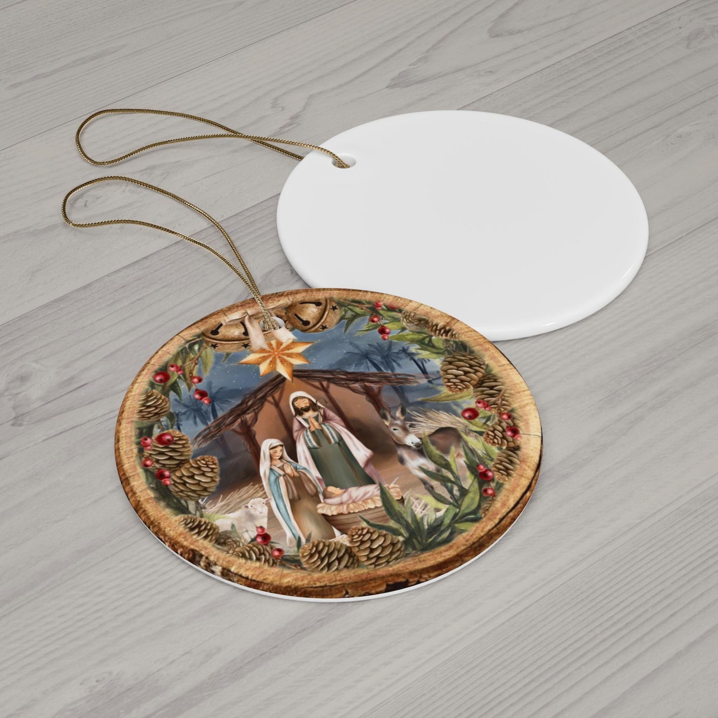 Nativity Ornament, Christian Ornament, Religious Ornament, Manger Ornament, Foux Wood Ceramic Ornament