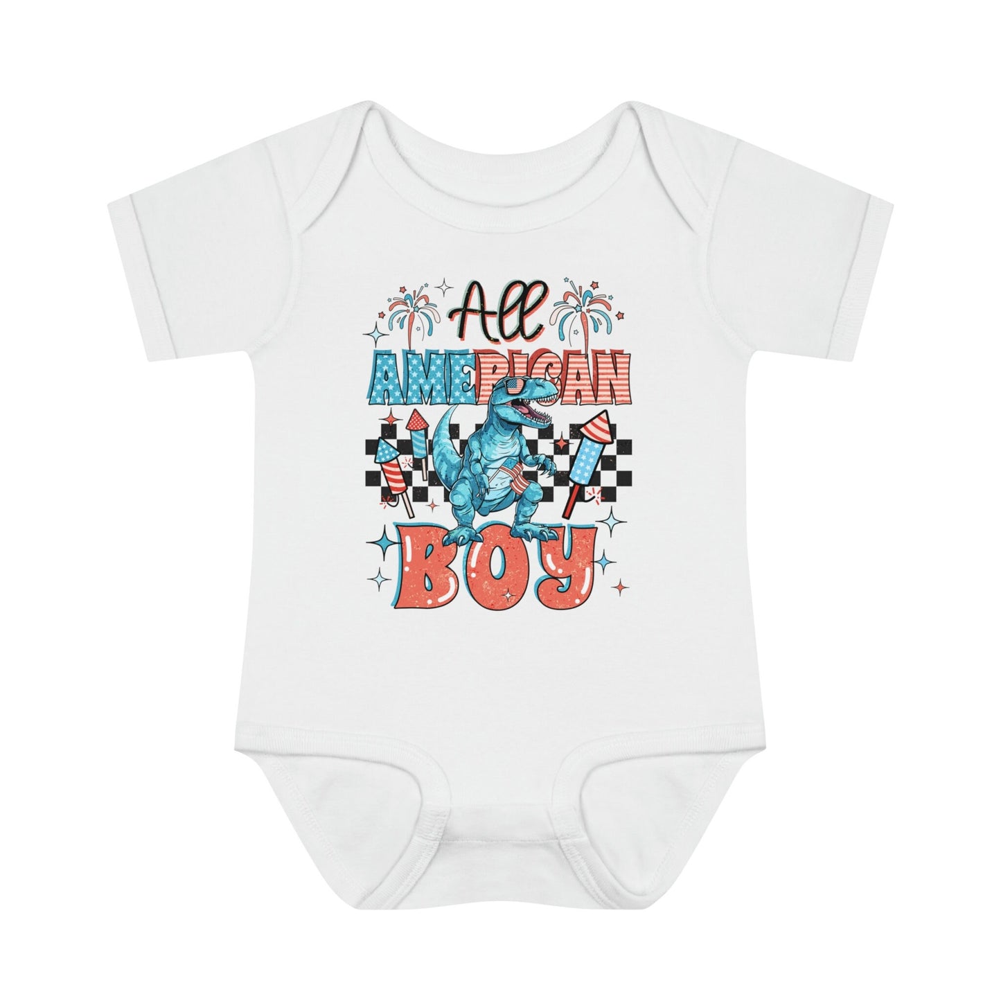 4th of July, Independence Day, All American Boy, Dinosaur, Infant Baby Rib Bodysuit