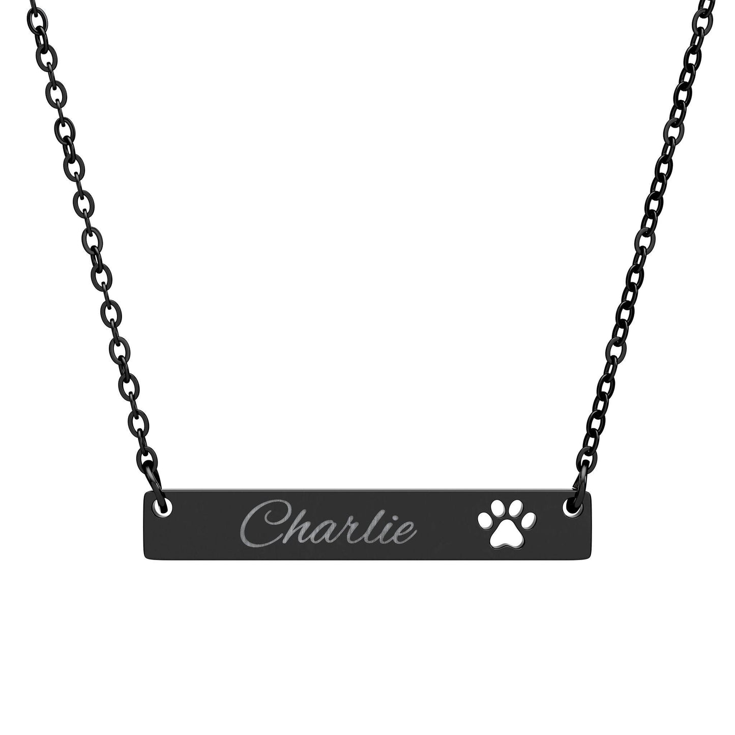 Engraved Name Bar Necklace Cutout Paw Pendant | Personalized Pet Jewelry