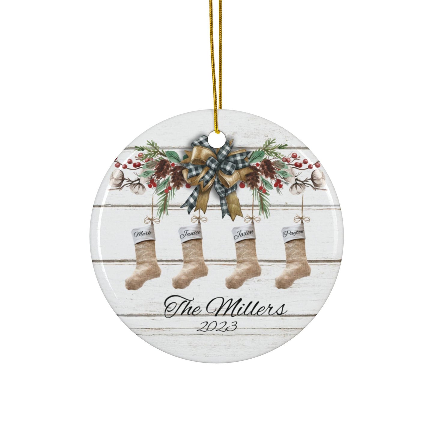 Christmas Family Ornament, Rounded Ornament, Personalized Family Christmas Sock, Circle Ornaments, Ceramic Ornament