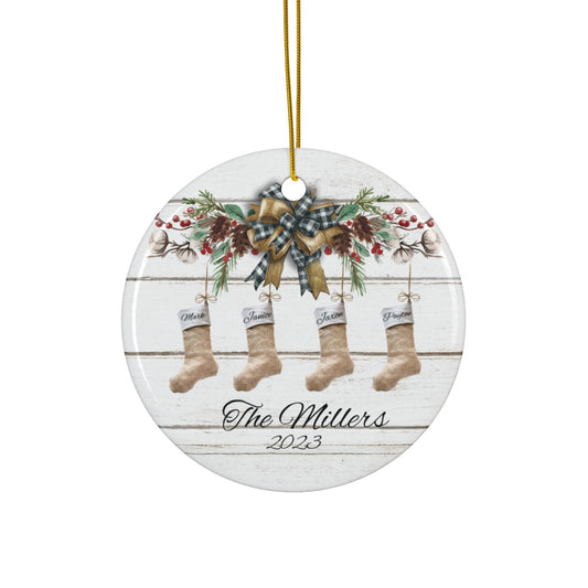 Christmas Family Ornament, Rounded Ornament, Personalized Family Christmas Sock, Circle Ornaments, Ceramic Ornament