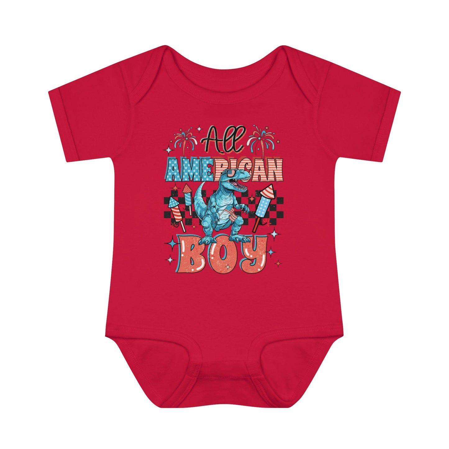 4th of July, Independence Day, All American Boy, Dinosaur, Infant Baby Rib Bodysuit