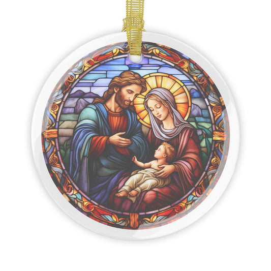 Jesus, Mary, Joseph Acrylic Suncatcher, Christmas Round Faux Stained Nativity Religious Ornament, Meaningful Christmas Glass Ornament