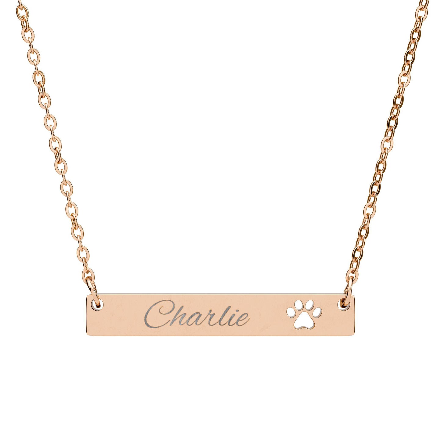 Engraved Name Bar Necklace Cutout Paw Pendant | Personalized Pet Jewelry