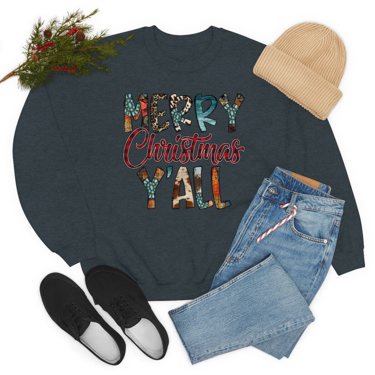 Merry Christmas Yall, Western, Cowboy, Unisex Heavy Blend Crewneck Sweatshirt