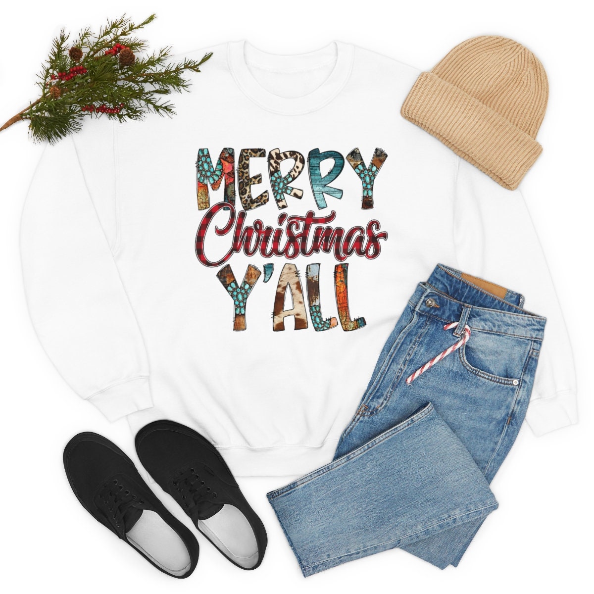 Merry Christmas Yall, Western, Cowboy, Unisex Heavy Blend Crewneck Sweatshirt