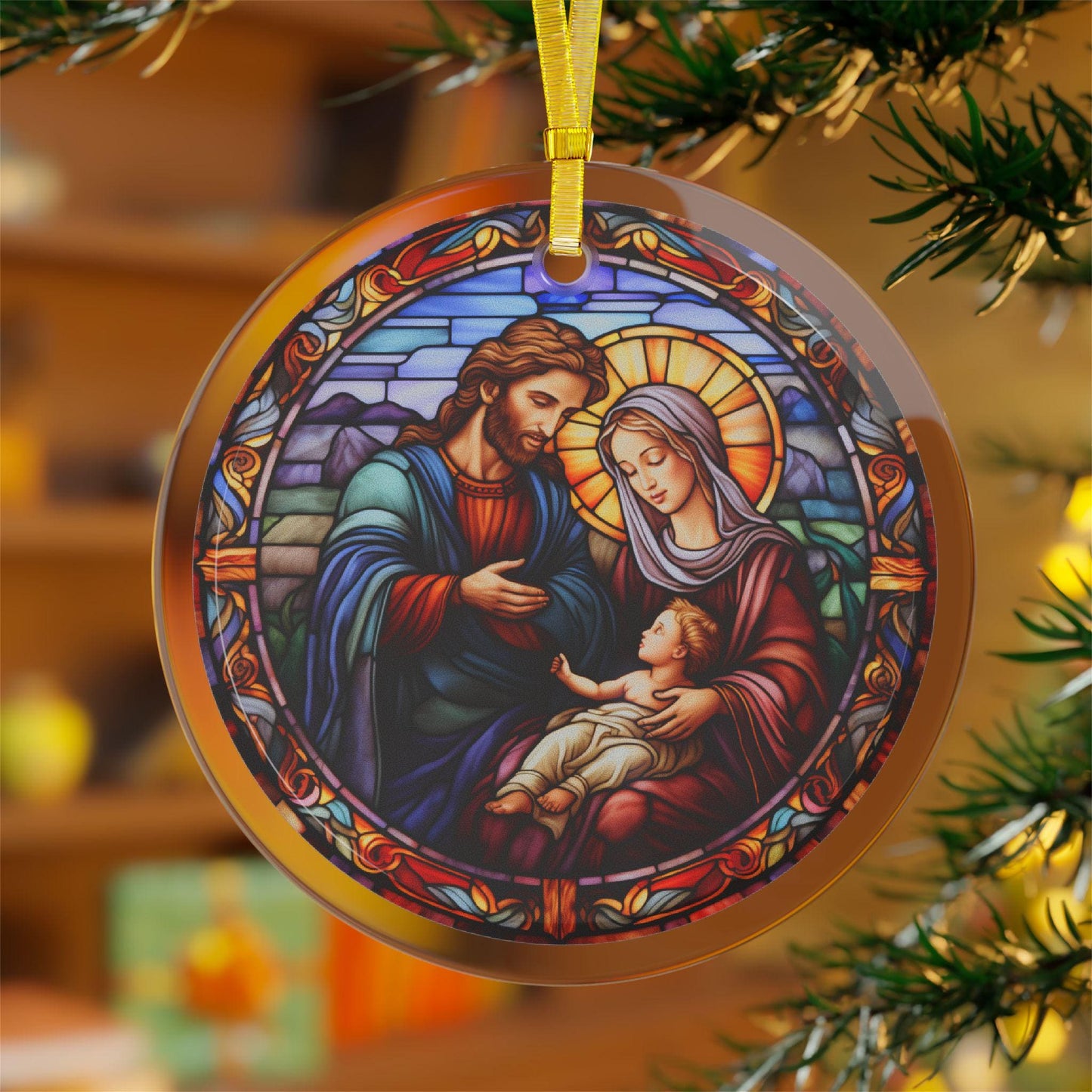 Jesus, Mary, Joseph Acrylic Suncatcher, Christmas Round Faux Stained Nativity Religious Ornament, Meaningful Christmas Glass Ornament