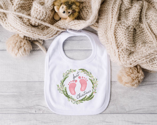 My First Christmas Footprint Fleece Baby Bib