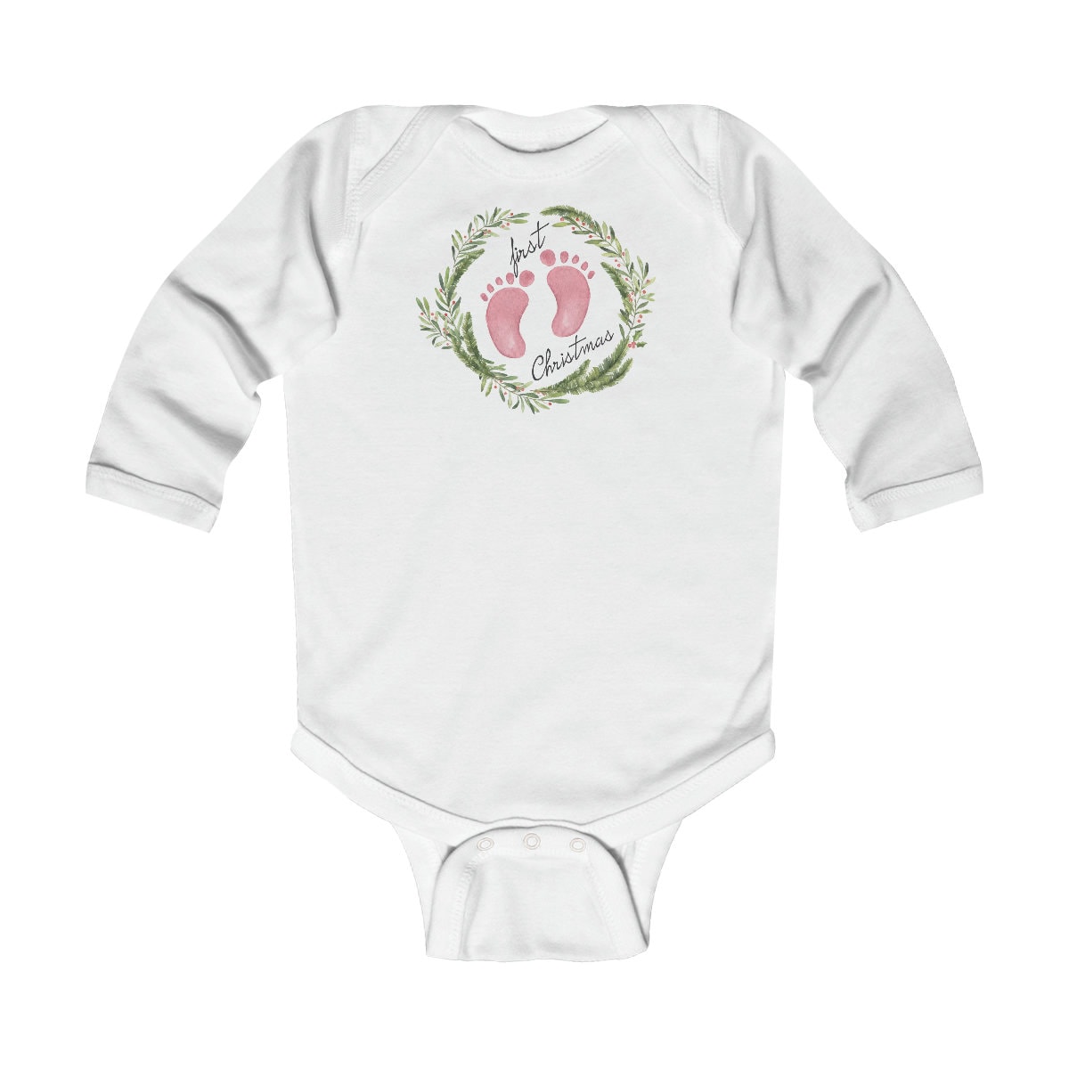 Personalized First Christmas 2022 Footprints Infant Long Sleeve Bodysuit
