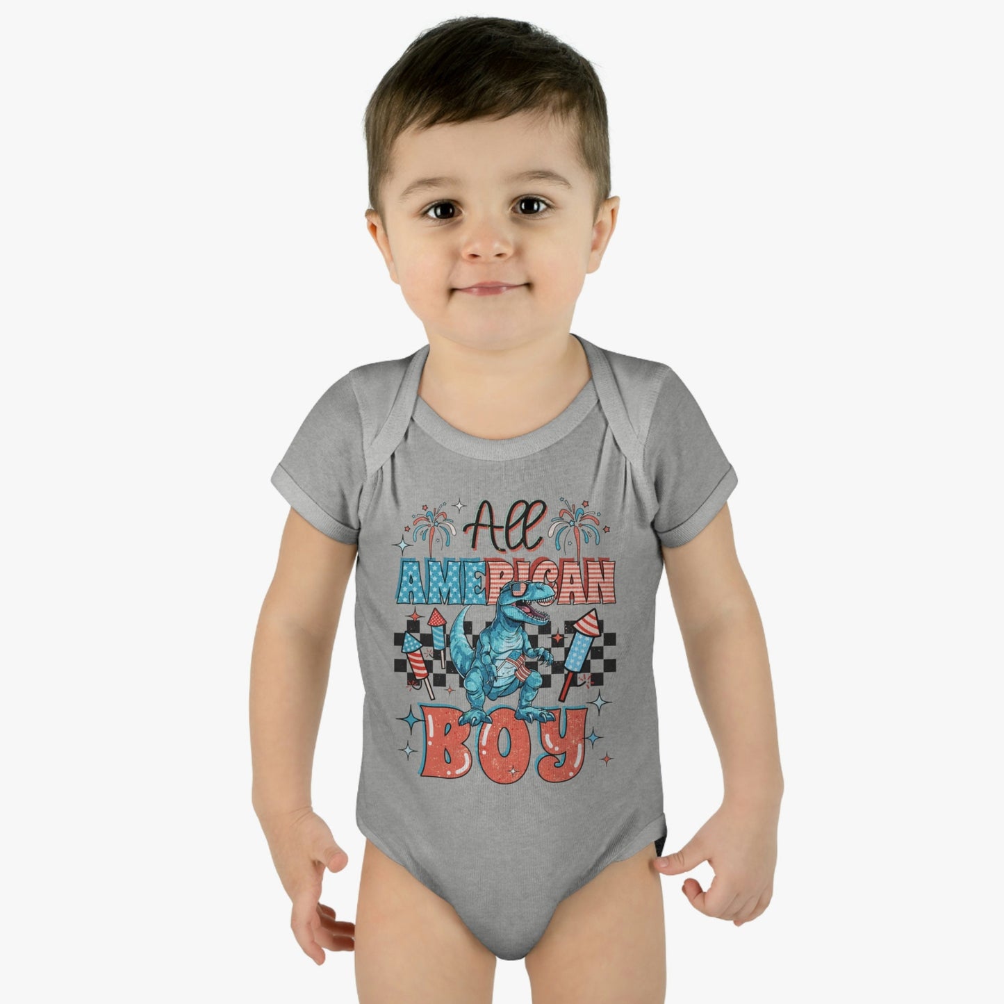 4th of July, Independence Day, All American Boy, Dinosaur, Infant Baby Rib Bodysuit
