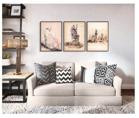 Wizard, mystical castle print, house decor, Wall art, castle print, Owl set of 3 Portraits, Wizards Room Décor, Magical Watercolor Print