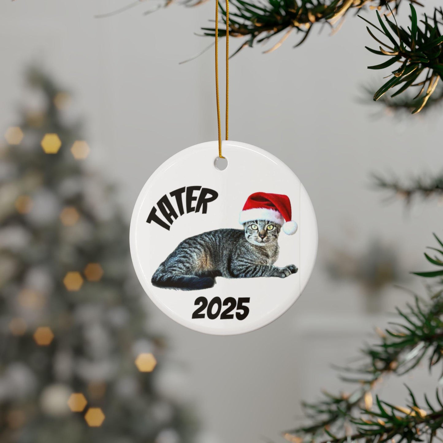 Personalized Cat Christmas Ornament, Santa Hat Ceramic Ornament