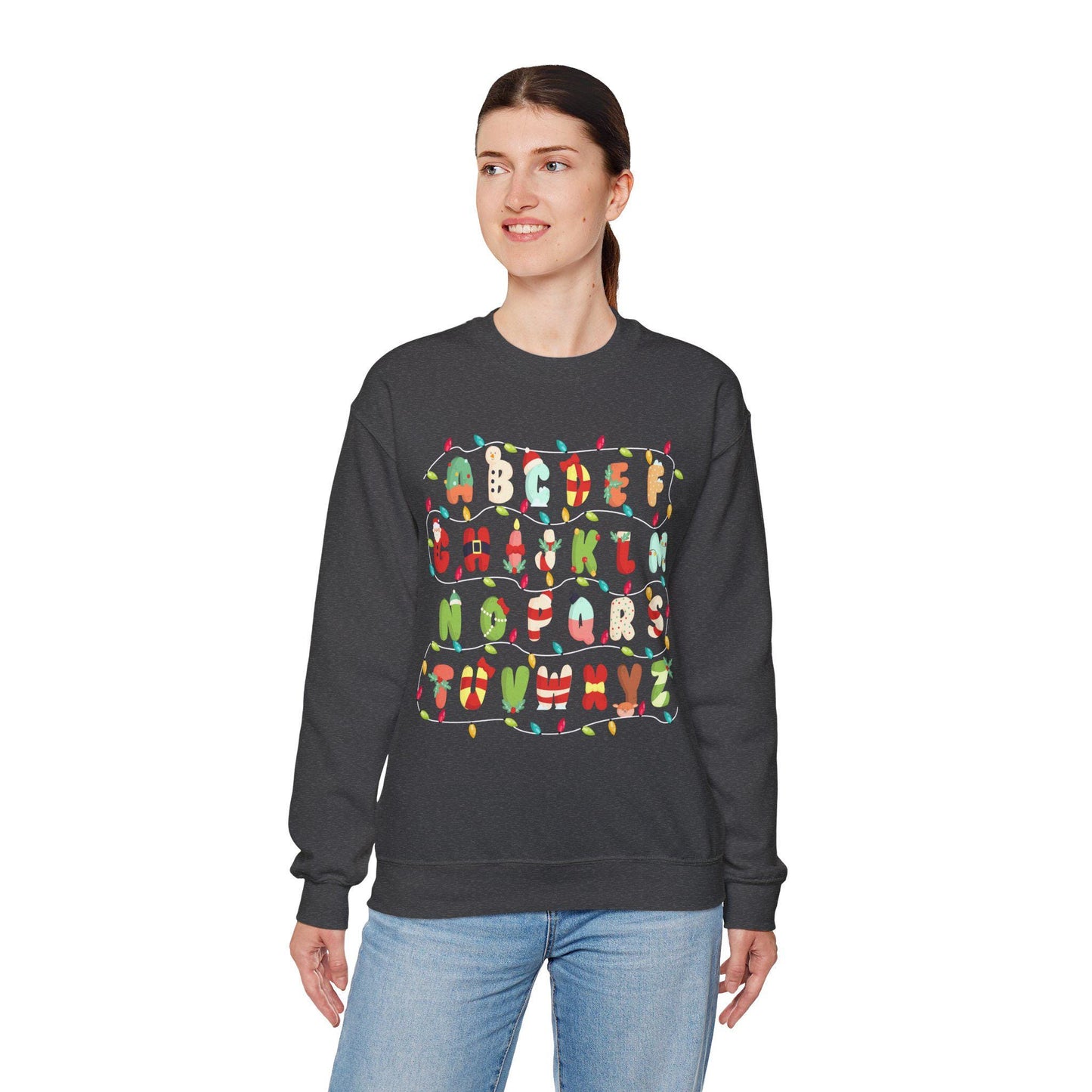 Alphabet Christmas Lights Teacher Sweatshirt, Unisex Crewneck