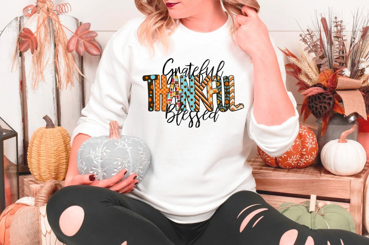 Grateful thankful and Blessed Thanksgiving Unisex Heavy Blend Crewneck Sweatshirt