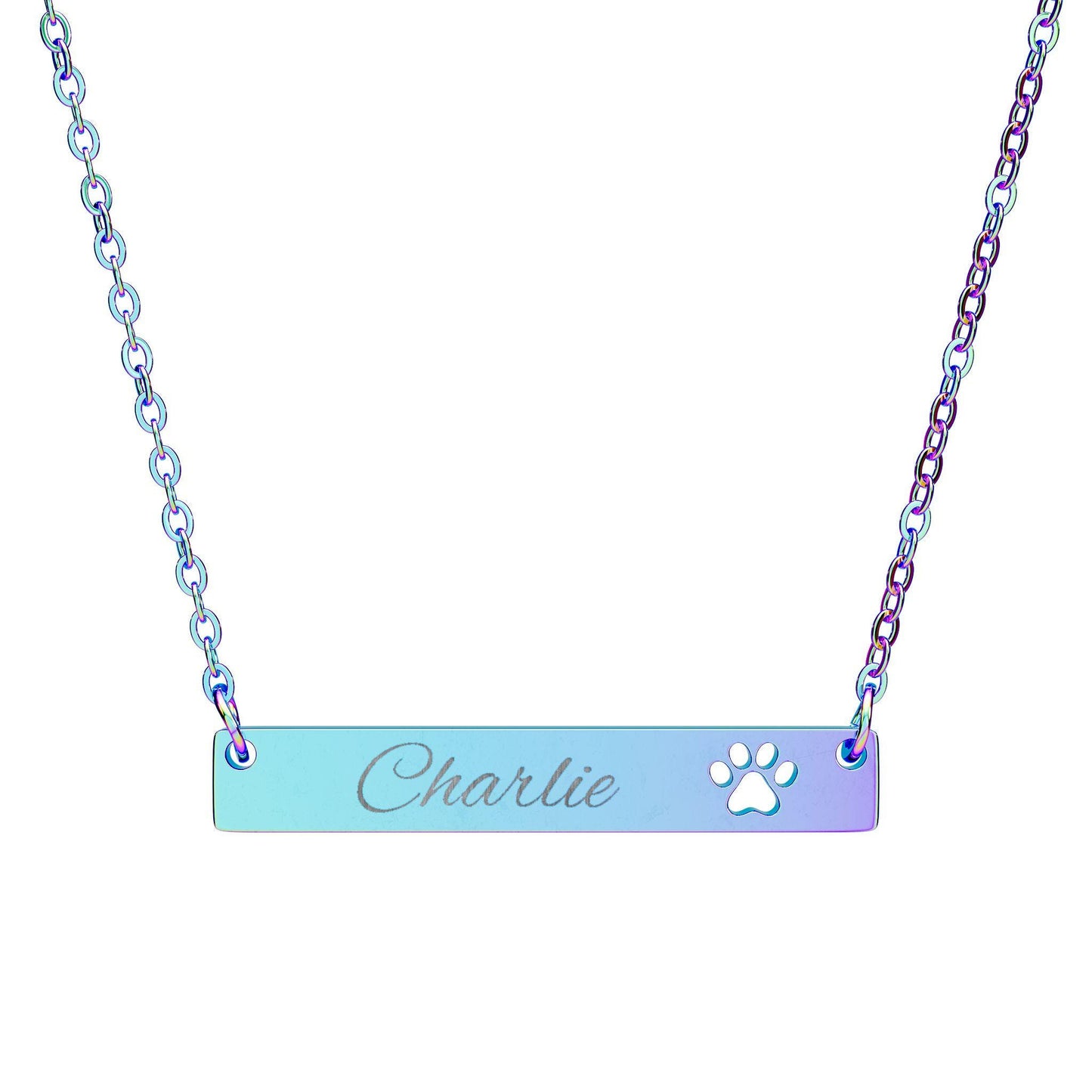 Engraved Name Bar Necklace Cutout Paw Pendant | Personalized Pet Jewelry