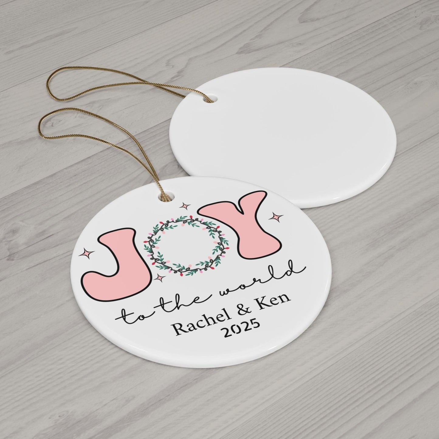 Personalized Couple Ornament - Joy to the world Couple 2023 Personalized Christmas Ornament Pink Couple Christmas Ornament Ceramic Ornament