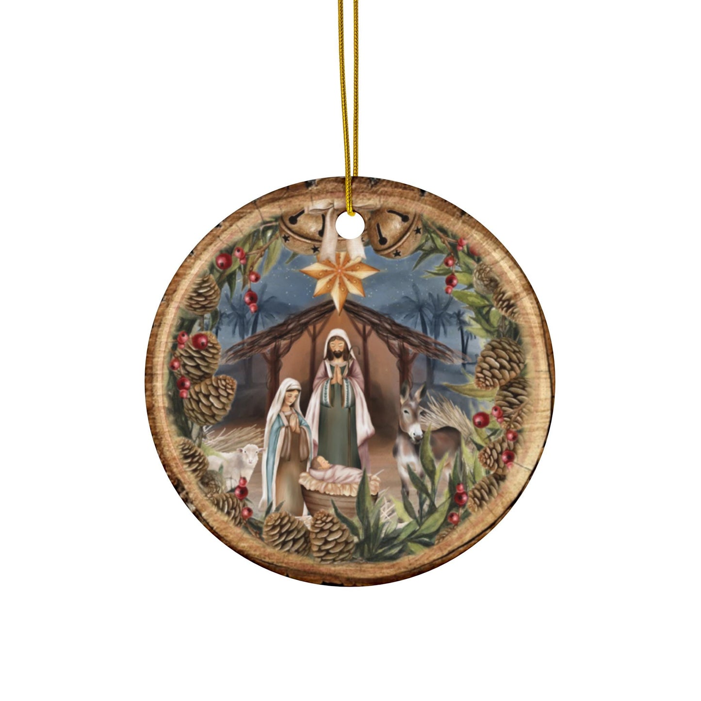 Nativity Ornament, Christian Ornament, Religious Ornament, Manger Ornament, Foux Wood Ceramic Ornament