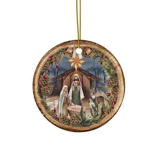 Nativity Ornament, Christian Ornament, Religious Ornament, Manger Ornament, Foux Wood Ceramic Ornament