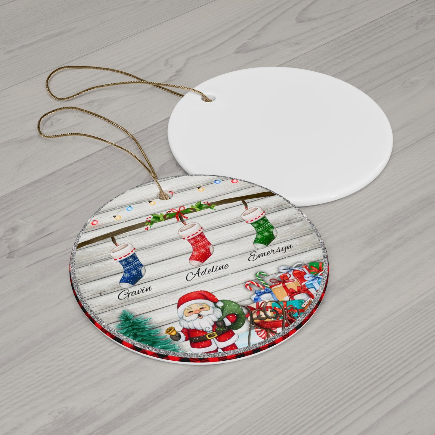 Christmas Family Ornament, Rounded Ornament, Personalized Family Christmas Sock, Circle Ornaments, Christmas ornaments, Ceramic Ornament