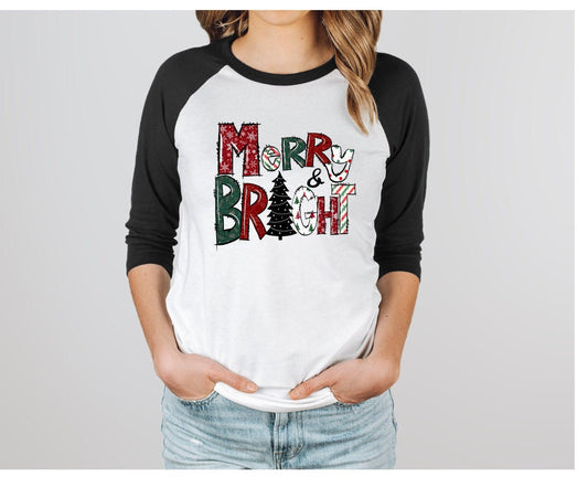 Merry and Bright Christmas Unisex 34 Sleeve Baseball Tee