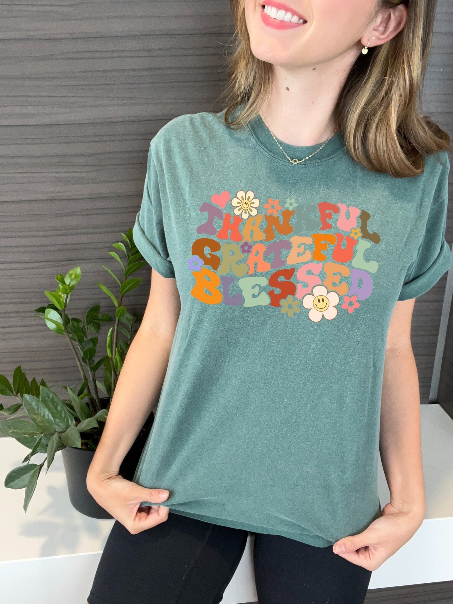 Thanksgiving Thankful Grateful and Blessed Unisex Garment-Dyed T-shirt