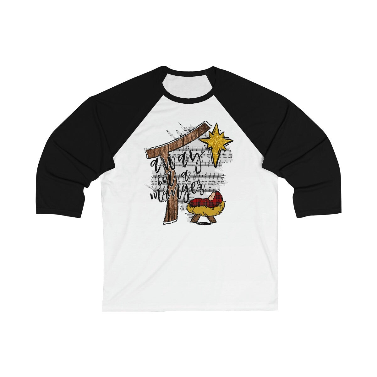 Christmas Away in a manger song Unisex 34 Sleeve Baseball Tee