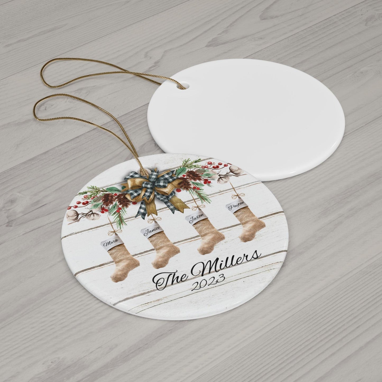 Christmas Family Ornament, Rounded Ornament, Personalized Family Christmas Sock, Circle Ornaments, Ceramic Ornament