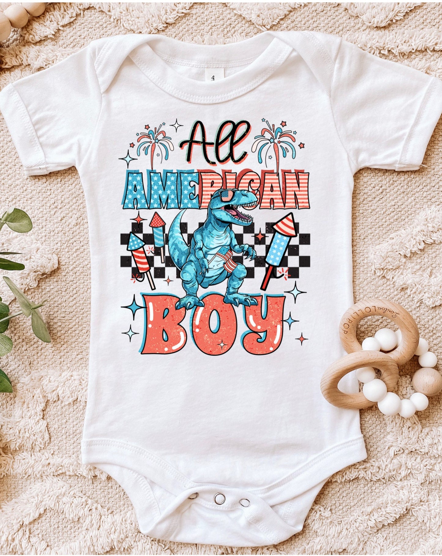 4th of July, Independence Day, All American Boy, Dinosaur, Infant Baby Rib Bodysuit