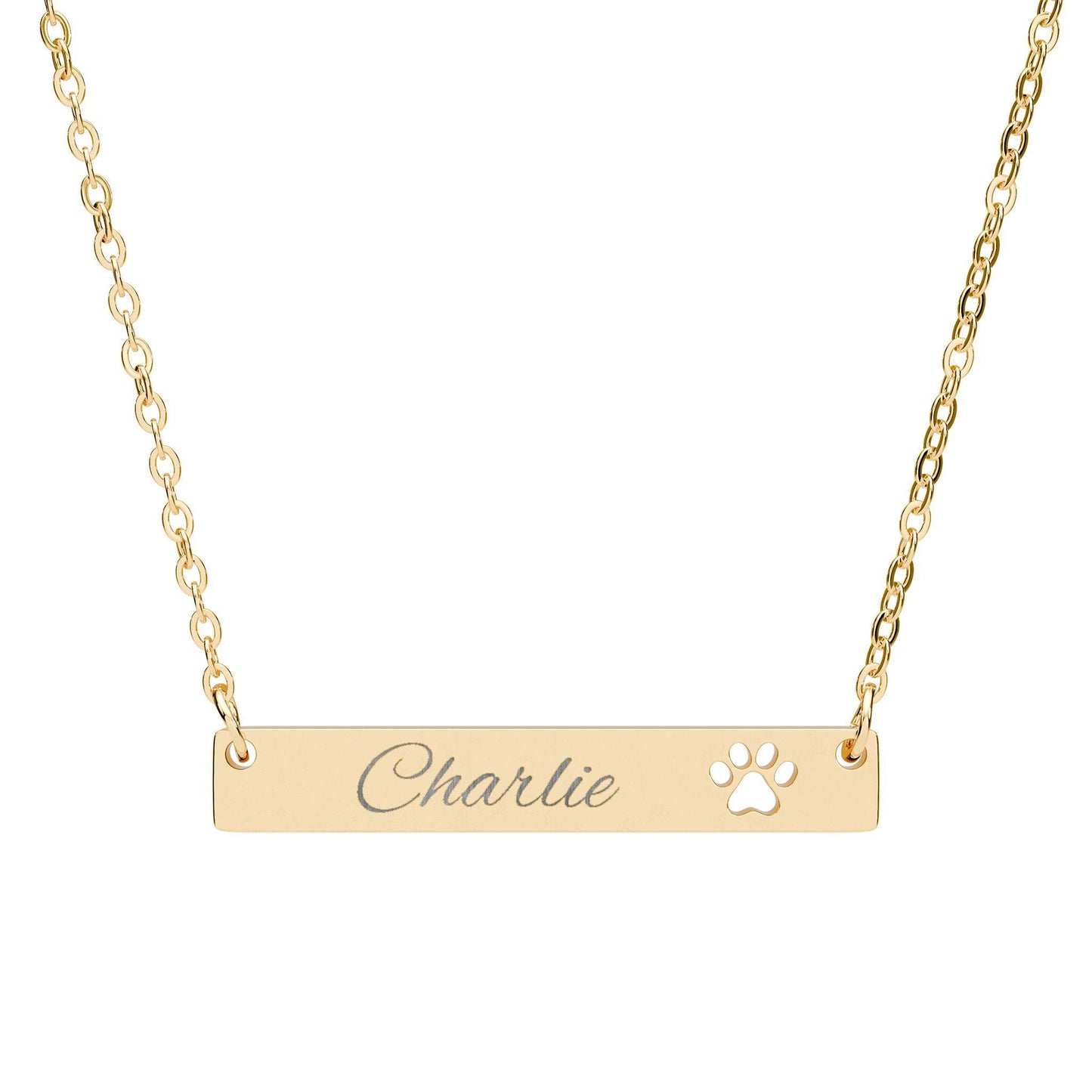 Engraved Name Bar Necklace Cutout Paw Pendant | Personalized Pet Jewelry